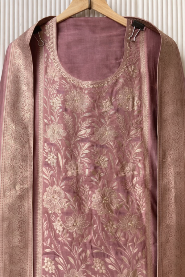 dusty rose banarasi silk embroidered unstitched suit set