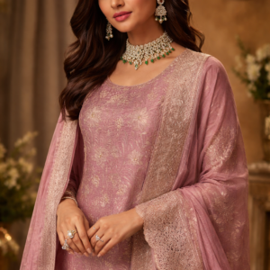 dusty rose banarasi silk embroidered unstitched suit set
