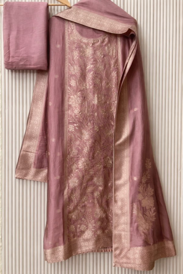 dusty rose banarasi silk embroidered unstitched suit set