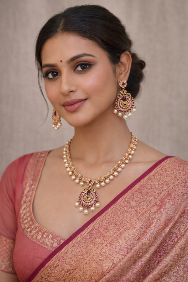 Pearl Kundan Necklace Set for Women with Matching Earrings