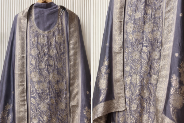 dusty rose banarasi silk embroidered unstitched suit set