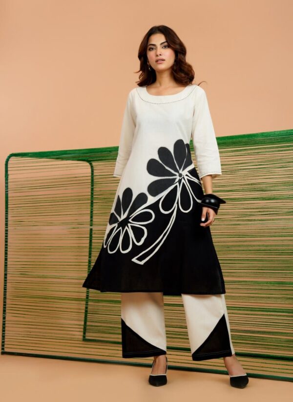 Black and white cotton co-ord set for women by Punjabi Libas