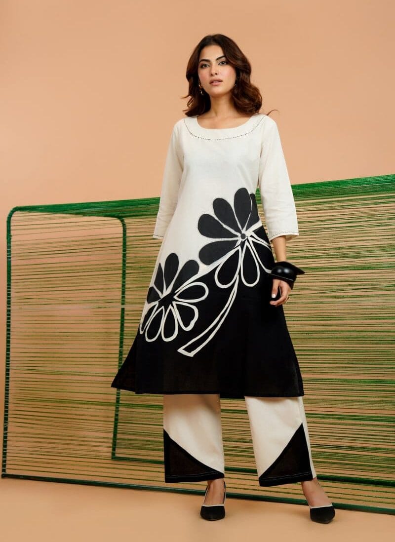 Black and white cotton co-ord set for women by Punjabi Libas