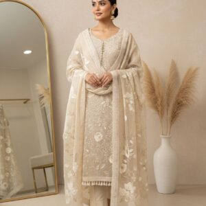 Mul Chanderi embroidered suit set styled on model