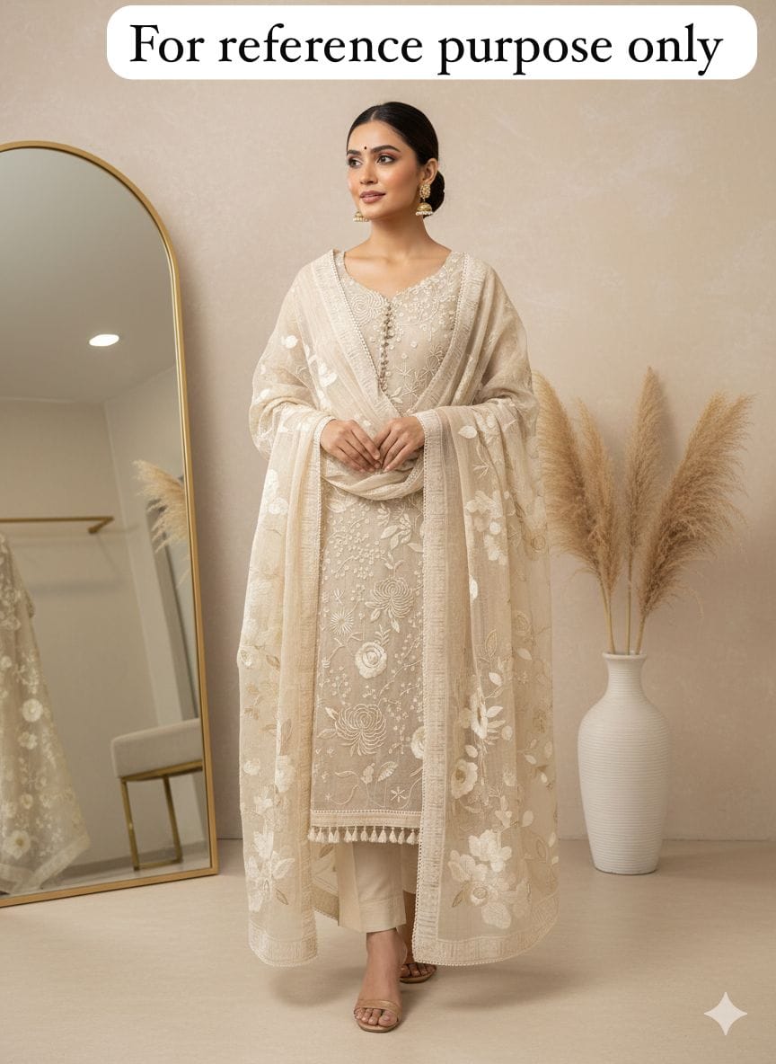 Mul Chanderi embroidered suit set styled on model