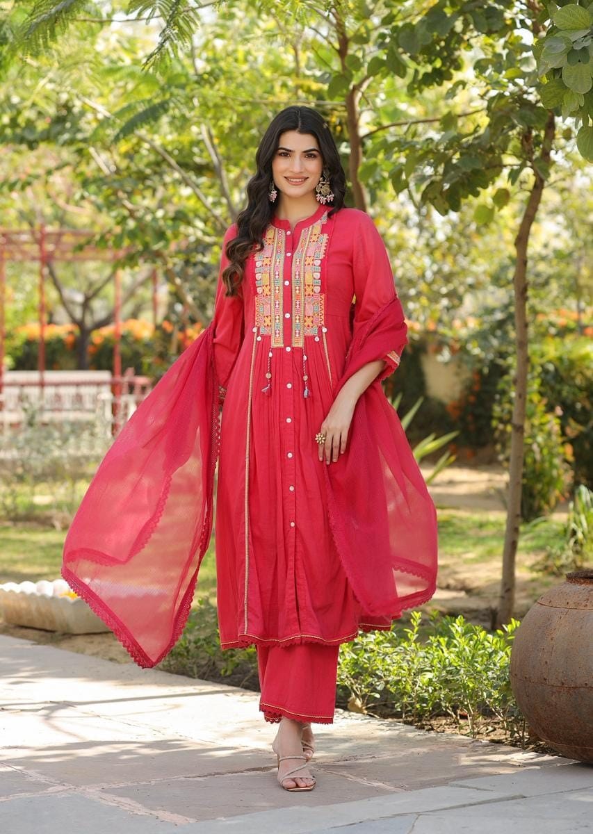 mul mul cotton embroidered festive suit