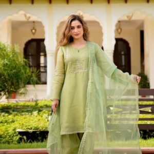 Designer Tissue Three Piece Kurti Set with Embroidery & Organza Dupatta