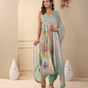 Pure Maslin Three Piece Kurti Set with Mirror & Gota Work
