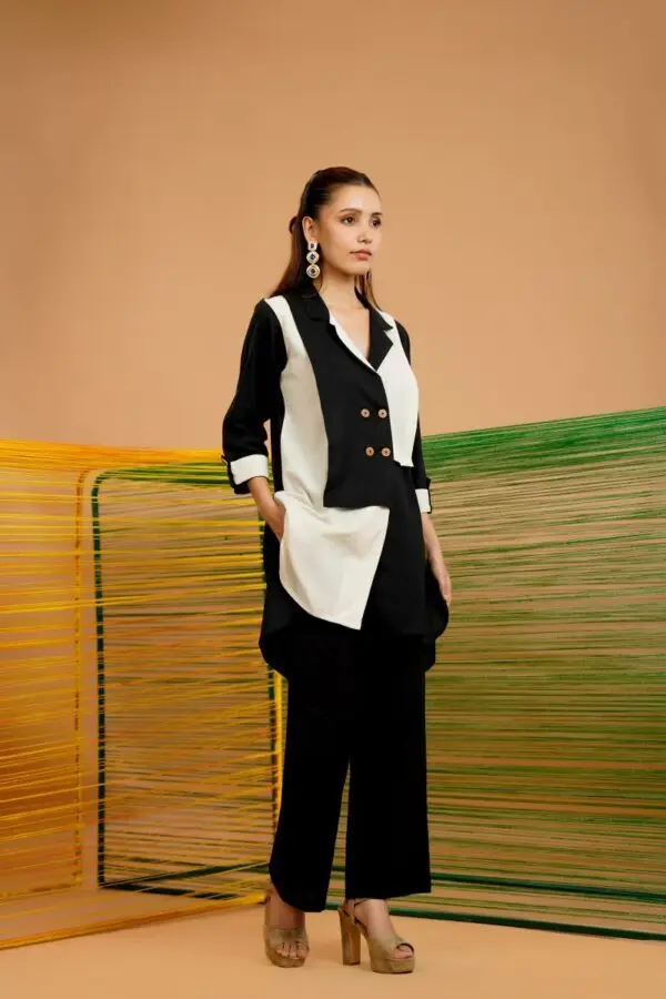 Black blazer style co ord set for women in flex cotton