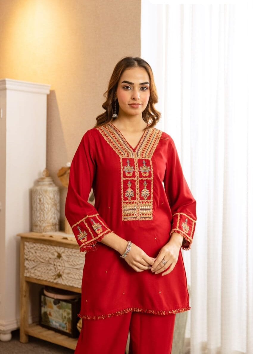 embroidered festive co ord set red