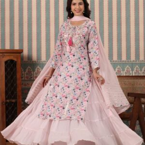 Pure Muslin Sharara Suit Set with Floral Print & Gota Work