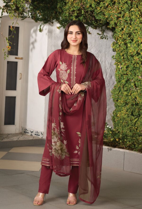 maroon cotton suit fabric embroidery detail with dupatta unstitched reference