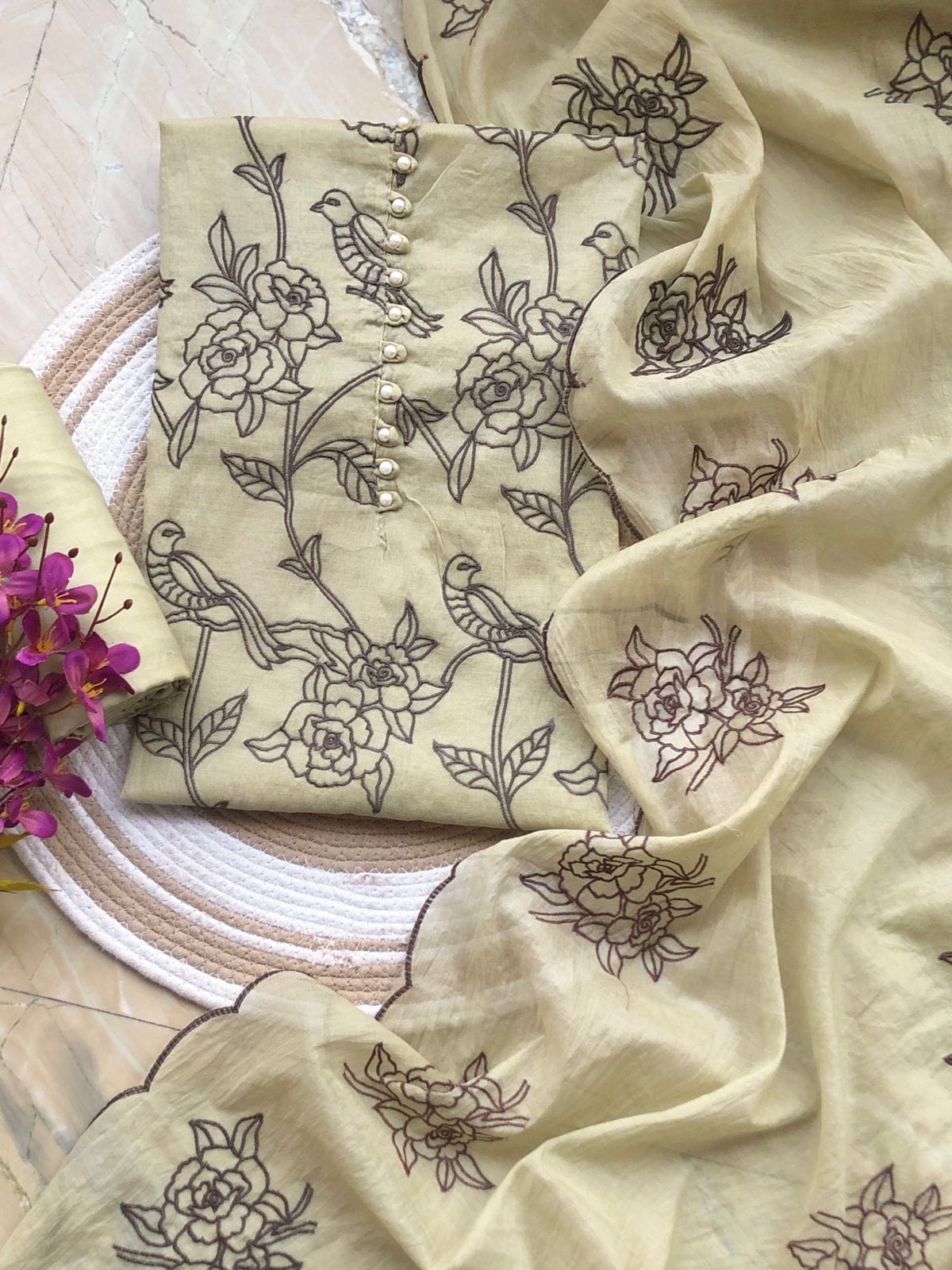 Mul Chanderi embroidered suit set with floral and bird design and dupatta 3