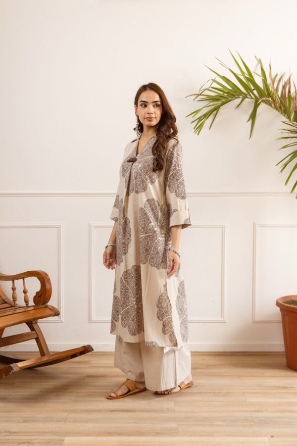 Beige Floral Linen Co-ord Set with Palazzo