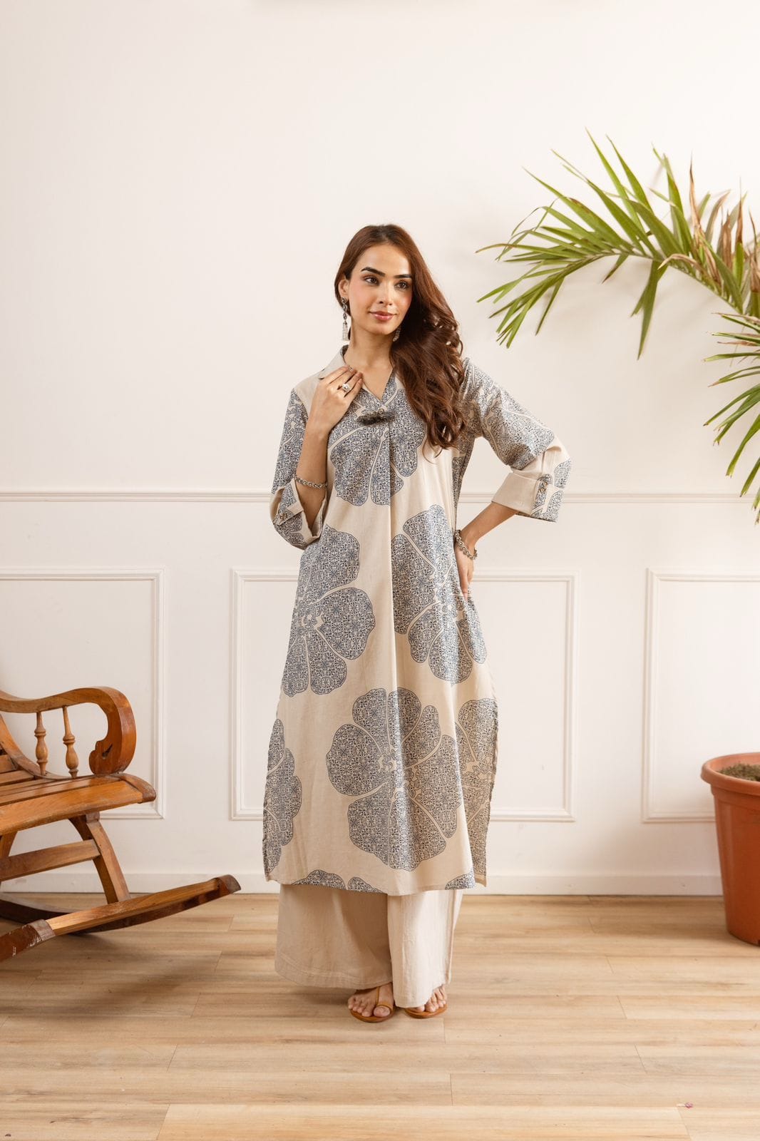 Blue Floral Linen Co-ord Set with Palazzo