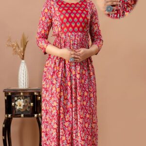 maroon ethnic print maternity feeding gown front view