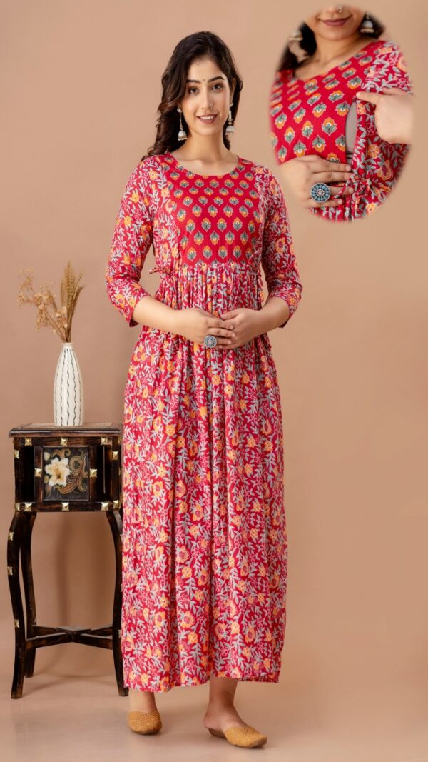 maroon ethnic print maternity feeding gown front view