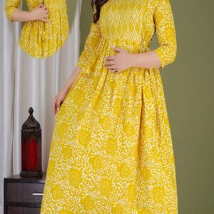 Yellow Traditional Print Maternity & Feeding Gown
