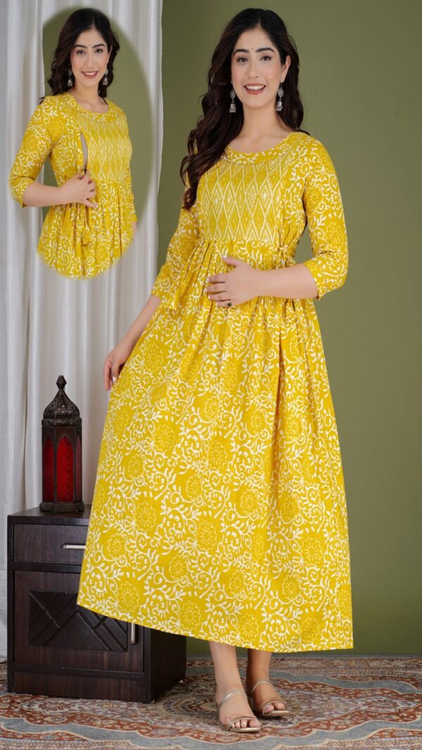 Yellow Traditional Print Maternity & Feeding Gown
