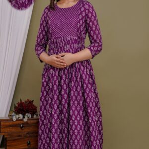 purple ethnic print maternity feeding gown front view nursing zip
