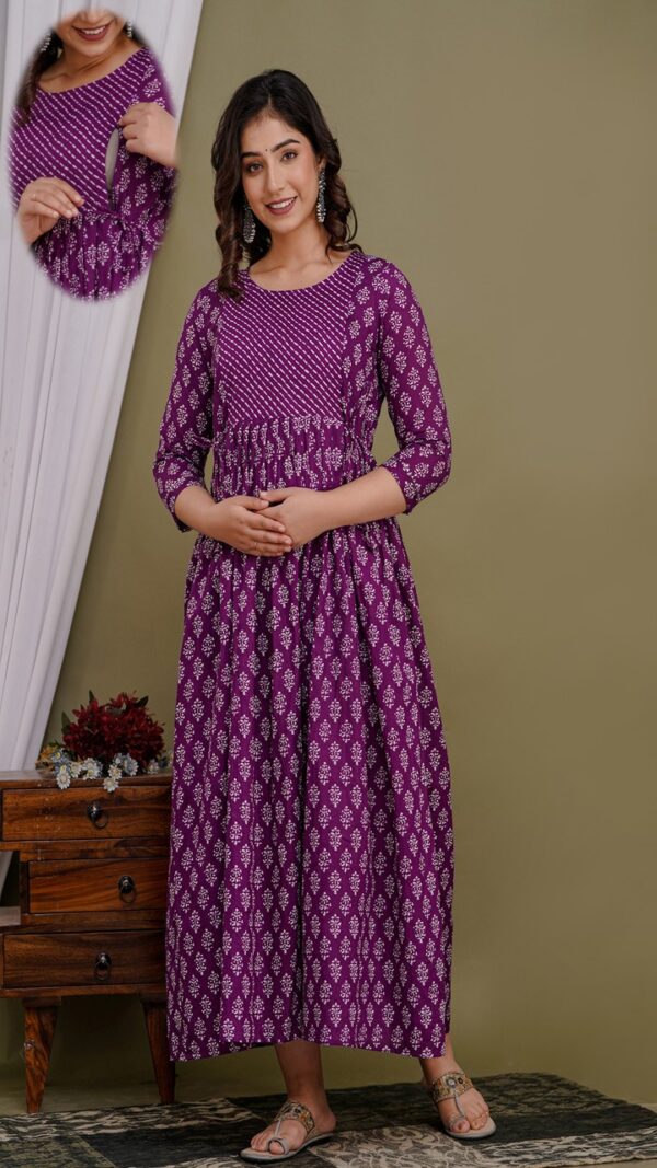 purple ethnic print maternity feeding gown front view nursing zip