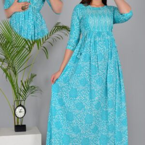 Sky Blue Print Cotton Maternity & Feeding Gown