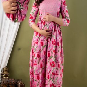 pink floral maternity feeding gown nursing zip side view