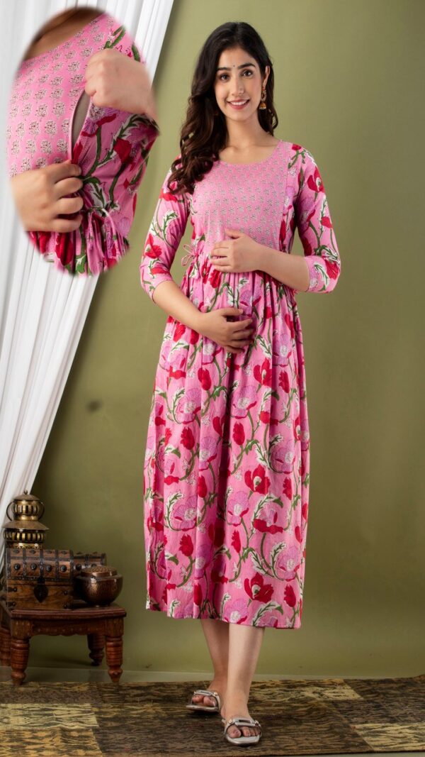 pink floral maternity feeding gown nursing zip side view