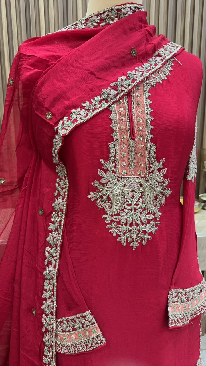 Pure Chinnon Sharara Suit with Traditional Embroidery - Image 2