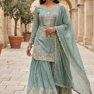 Pure Chinnon Sharara Suit with Traditional Embroidery