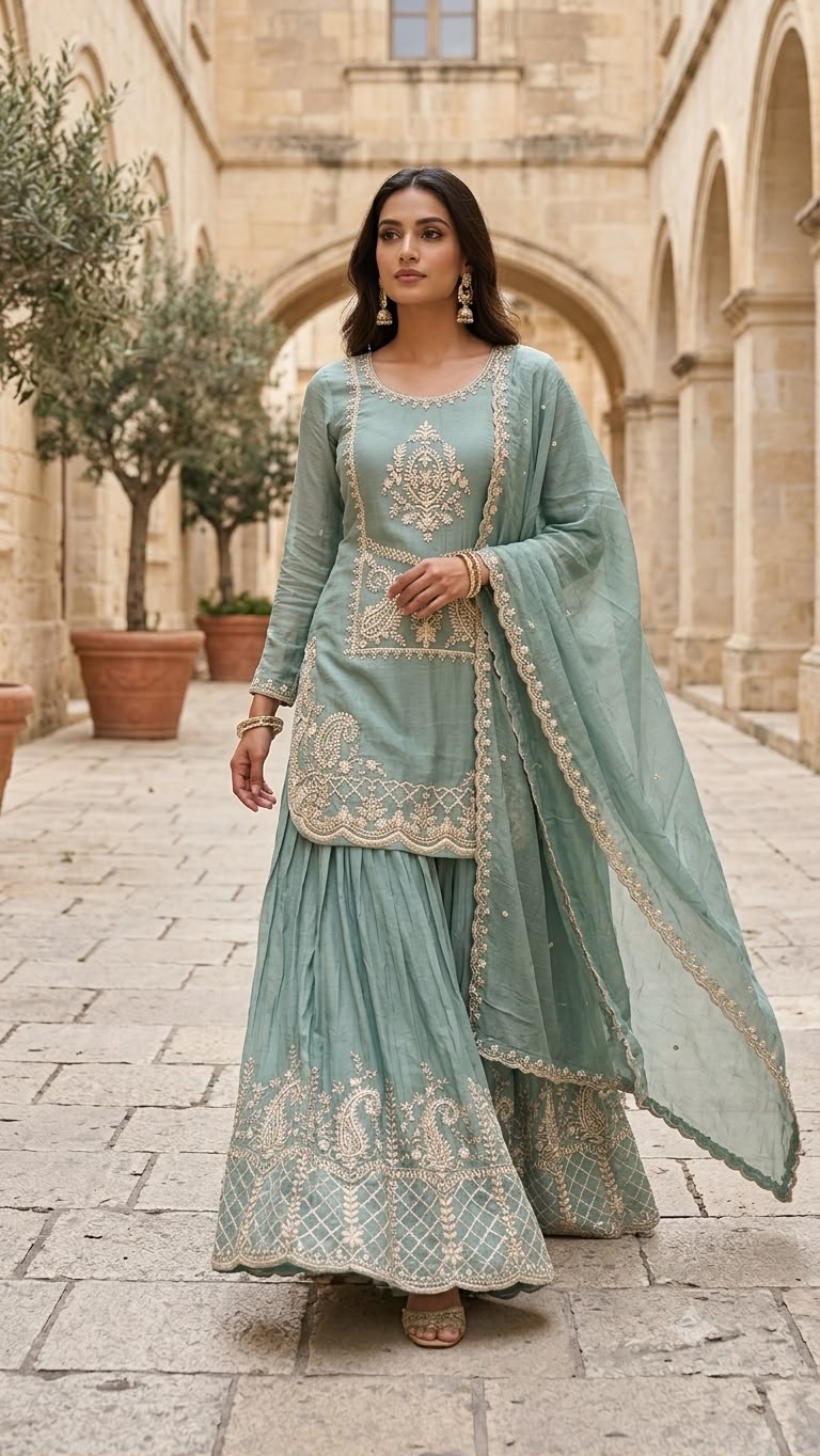 Pure Chinnon Sharara Suit with Traditional Embroidery
